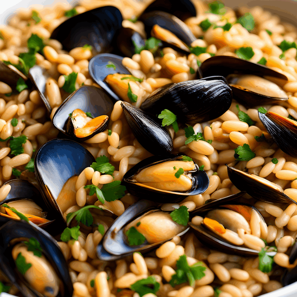 Συνταγή για κριθαρότο με μύδια σερβιρισμένο στο τραπέζι